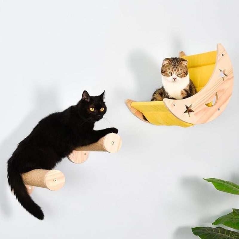 DITOSH Wall Cat Bed Moon Hammock Wall Mounted Shelf with 2 Steps Climbing Sheves and Sisal Platforms Rope Scratching Post Wood Wall Furniture Bridge Ladder Wooden Indoor Cats Wall Bed-Moon Set - Image 1